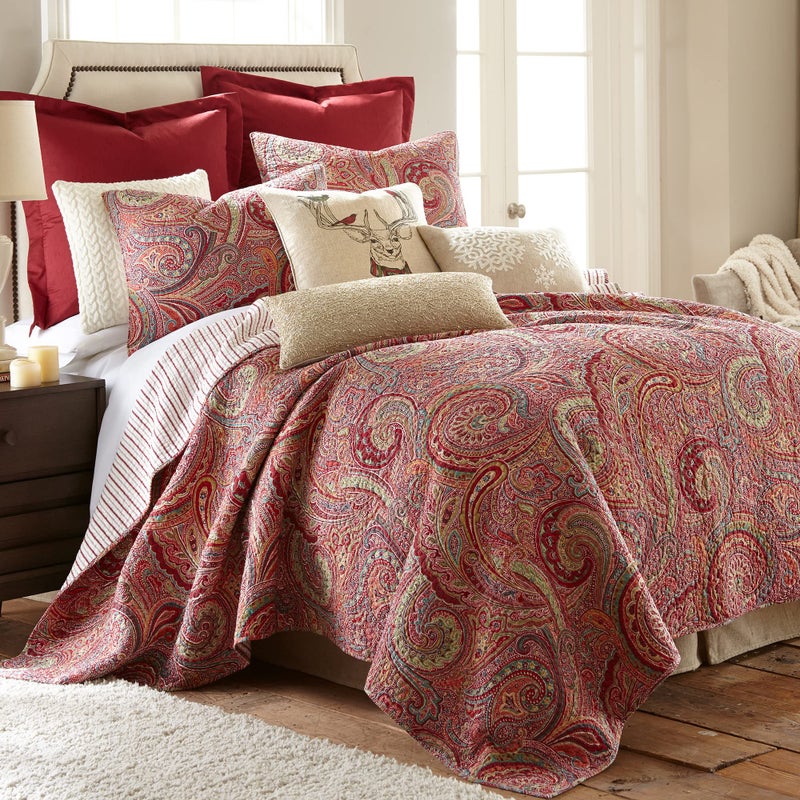 Levtex Home - Spruce Red Quilt Set - Full/Queen Quilt (88x92in.) + Two Standard Pillow Shams (26x20in.) - Paisley Pattern in Burgundy, Red, Tan, Grey - Reversible - Cotton - Image 1